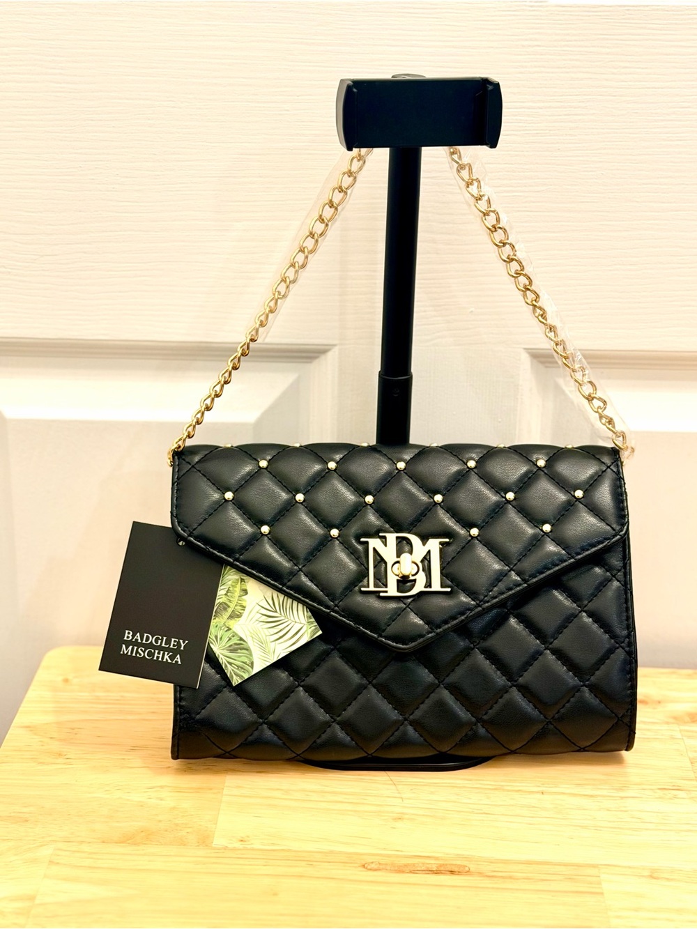 Badgley Mischka Black Quilted Shoulder Bag with Gold Chain